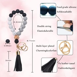 BAOSIWA Silicone Beaded Key Chain Bracelet Wristlet Keyring Black Bangle Keychains for Women with Leather Tassel