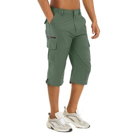 TACVASEN Men's Hiking Shorts Quick Dry 3/4 Capri Pants Multi Pockets Cargo Shorts Bean Green, 30