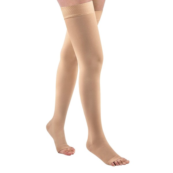 Medias de compresión de 20-32 mmHg sin dedos de los pies para circulación de mujeres y hombres con banda de silicona de puntos (beige, L)
