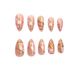 SINHOT Almond Press on Nails Medium Fake Nails Glossy Glue on Nails Pink Flowers Acrylic Nails Stiletto Artificial Nails 3D Gold Chrome Stick on False Nails with Design 24 pcs