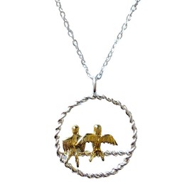 Fibonacci's 925 Sterling Silver and Gold Plated Birds on a Perch Disk Pendant Necklace with Luxury Gift Box