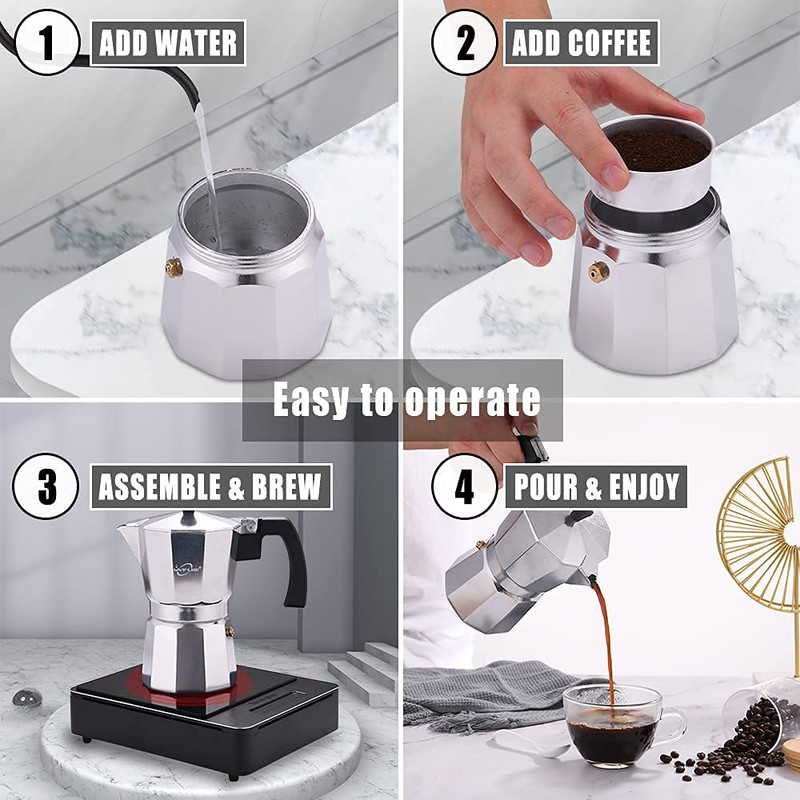 MVPLUE Classic Stovetop Espresso Maker 6 Cup ，Moka Pot Aluminum