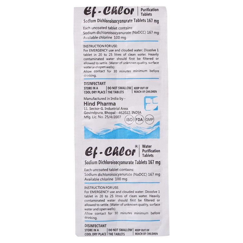 Ef-Chlor Water Purification Tablets, 167mg, 100 Tablets, Treats 20-25L Per