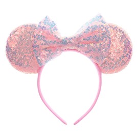 LUCKLISA Mouse Ears Headbands, Sequin Bling Mouse Ears Fit for Women, Girls & Kids, 1 Pcs Shiny Bow Beauty Princess Ears Cosplay Costume Decorations for Party, Park, Trips, Birthday & Gifts, Pink