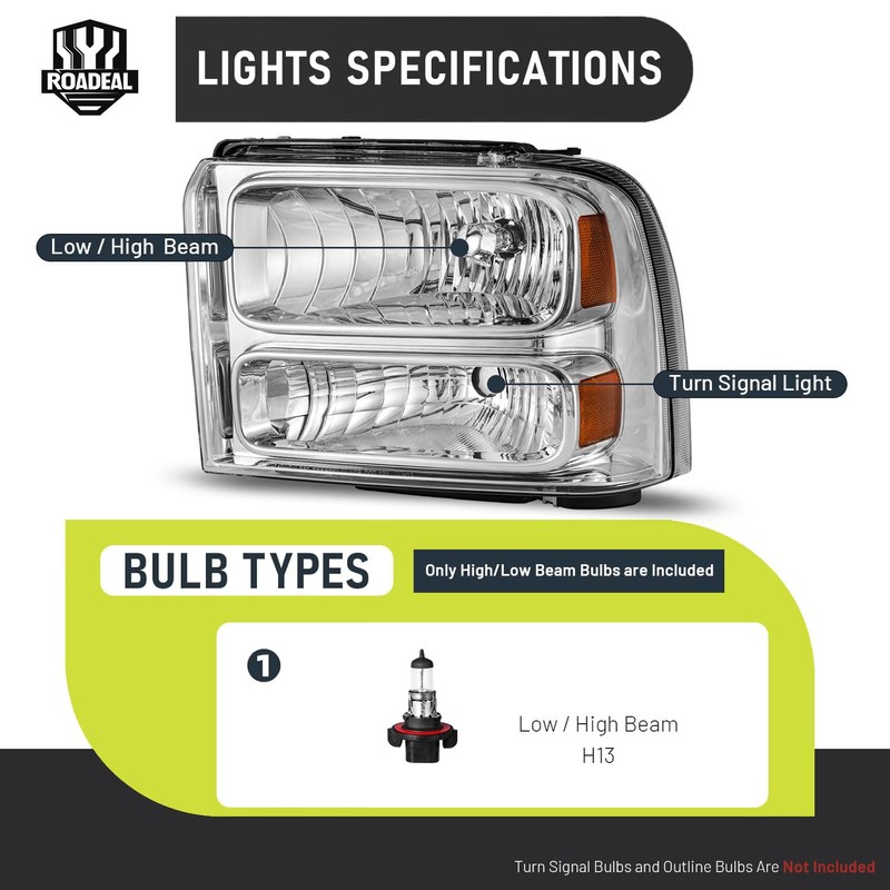 ROADEAL Headlights W/Bulbs for 2005 2006 2007 Ford F250 F350
