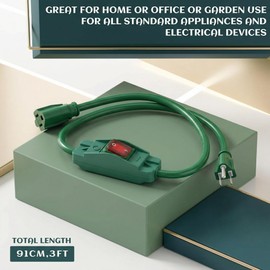 Weewooday 3 Prong Outdoor Extension Cord with Waterproof Switch 1875W Heavy Duty 14/3 SJT Cable Inline On/Off 15A 125V Grounded Outlets Plugs for Appliances (Green, 3 ft)