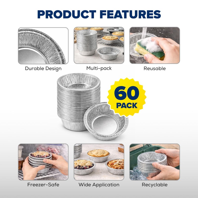ebake Aluminium Round Foil Dishes 12cm (60 Pack) - Disposable