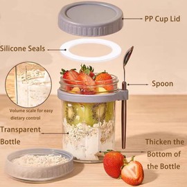 Wrqqwsy Overnight Oats Containers with lids and spoon, Set of 2 Jars 12oz Airtight Container with Measurement Marks, Reusable On The Go Cups for Cereal Yogurt, Milk, Salads, Fruit