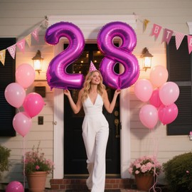 40 Inch Large 28 Balloon Numbers Rose Purple Big Foil Number Balloons Giant Helium Happy Birthday Party Decorations for Man and Women, Huge Mylar Anniversary Party Supplies