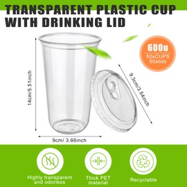 50 Sets Disposable Stemless Glasses With Strawless Sip Lids,PET Drinking Cups,Clear Plastic Coffee Cups for Iced Coffee, Smoothie, Cold Beverage, Drink Shop and Christmas Party Supply (Clear, 20 oz)