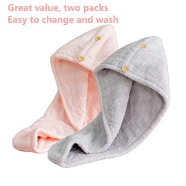2 Pack Hair Turbans - Coral Fleece Super Absorbent Microfibre Hair Towel for Women | Grey & Pink Checkered | Quick Dry Bath Cap with Button Closure (65x24cm)