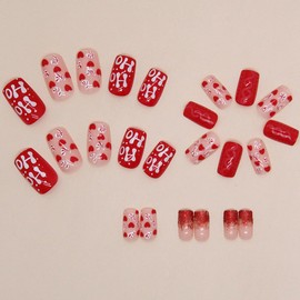 Christmas Press on Nails Medium Square Christmas Candy Glitter Fake Nails, Red Press on Nails Gel Acrylic Nails Glue Stick on Nail Tip Reusable Natural Fit Winter Holiday False Nails