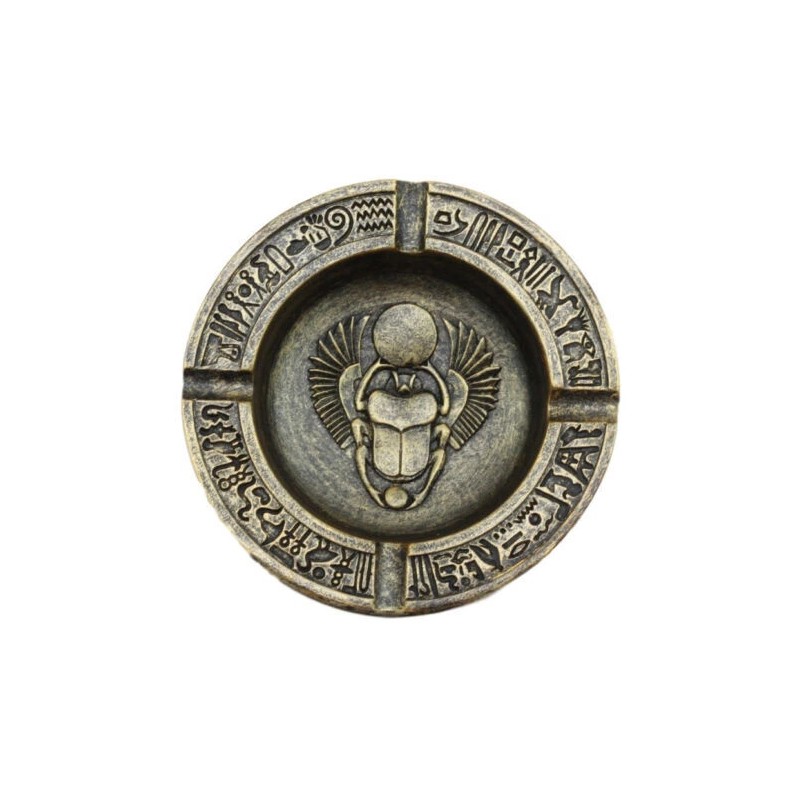 Egyptian Hieroglyphs Ankh Dual Cobra Winged Scarab Ashtray Figurine 4"Diameter