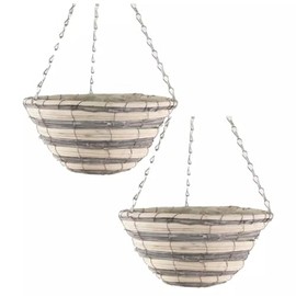 Fyne-Finds Set of 2 Natural Grey Cream Wicker Hanging Deco Basket 30cm,12Inch Lined Willow Planter with Chains
