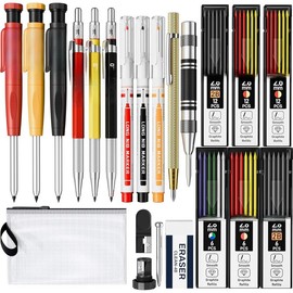 22 Pack Mechanical Carpenter Pencil Set with Sharpener 60 Refills, Automatic Center Punch, Carbide Scribe Tool, Eraser and Deep Hole Marker Pen, Heavy Duty Construction Pencil for Architect-With Pouch - Colour: Red+Black+Yellow(22pcs)