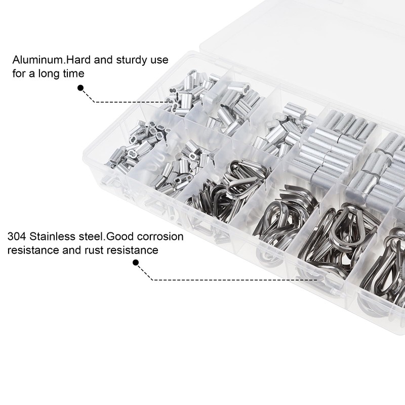 340pcs Wire Rope Cable Thimbles Aluminum Crimping Loop Sleeve Assortment