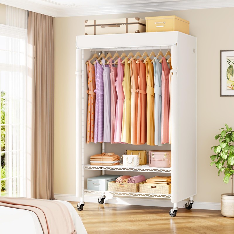 ULIFHOME P6C Rolling Clothes Rack with Cover, Covered Clothing Racks