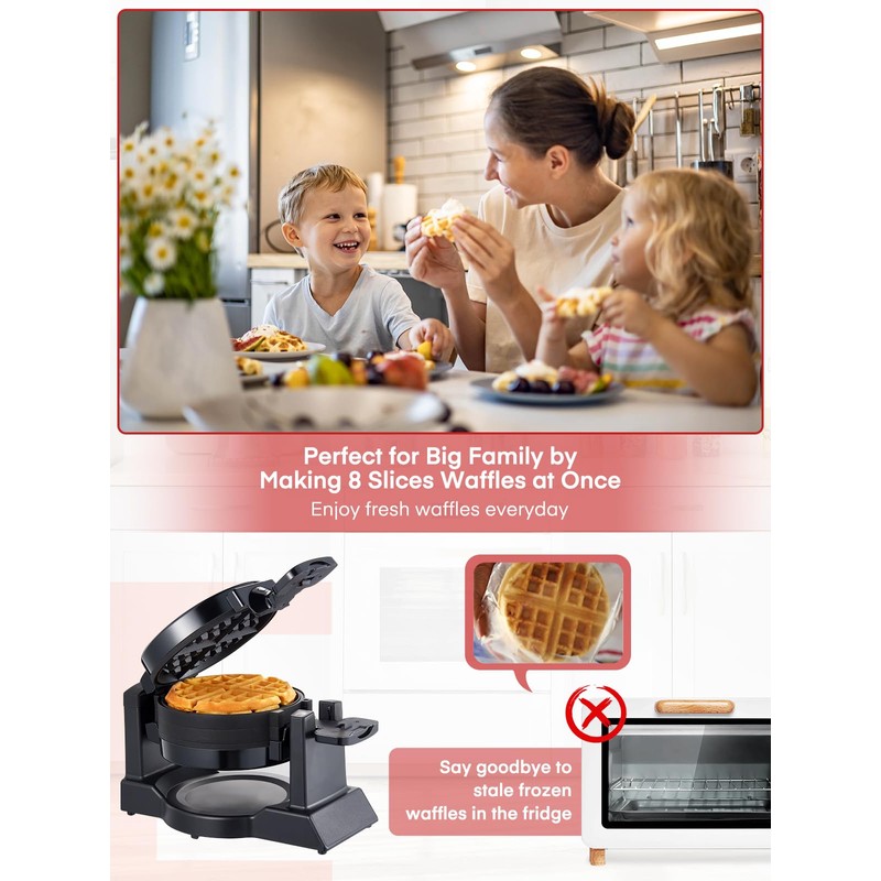 FOHERE Double Waffle Maker, 1400W Rotating Belgian Waffle Iron with