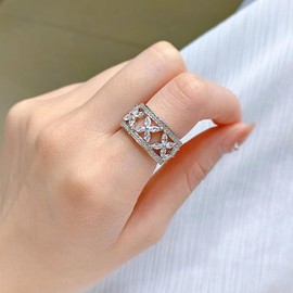 LBJIE S925 Silver Plated Rings Cubic Zirconia Clover Flower Ring | 12mm Eternity Rings for Women | Silver Rings for Women (Size 7)