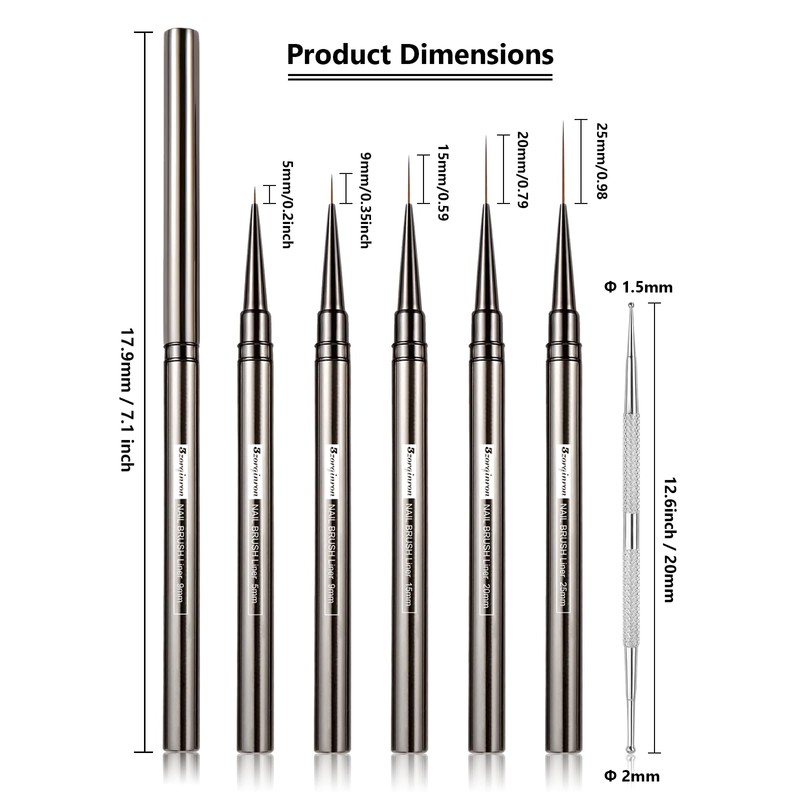 Nail Liner Brush, Fine Line Nail art Brushes 5/9/15/20/25mm Thin