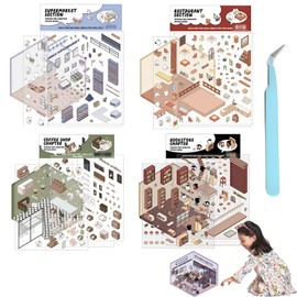 4 Sets 3D Sticker Scene, 3D House Stickers 3D Stickers Paper House Stickers House Stickers Make Your Own Supermarket, Coffee Shop,Restaurant, Bookstore, Scene Sticker for Boys and Girls
