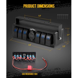 Partsam 6 Gang Rocker Switch Panel Box12V-24V Aluminum Boat Marine Toggle Switch with USB and Type C Charger Voltmeter w/Fuses Waterproof Gasket for Car Pickup RV Van SUV UVT ATV