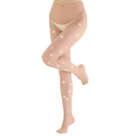 EVERSWE High Waist Fishnet Tights, Thigh High Suspender Stockings (Rhinestone R01-Nude, LXL)