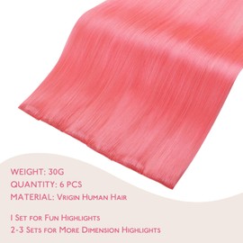 WENNALIFE Light Pink Clip-In Human Hair Extensions, 60 cm, 6 Pieces, 30 g, Remy Hair Extensions, Clip-In Hair Extensions, Natural Real Hair