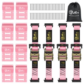 4Pcs 2” x10 ft E Track Ratchet with Wheel Chock Kit tie Down Straps for 4800 lbs Break Strength Heavy Duty Cargo Strap System Tie Down|E-Track Spring Fitting for ATV, UTV - Pink