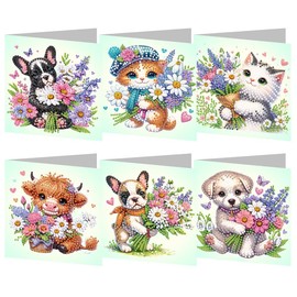 pigpigboss 6 Packs Kitten Puppy Diamond Painting Greeting Card Kit, Pet Cat Dog Daisy Diamond Art Greeting Cards, Special Shaped Animal Diamond Painting Birthday Card for Adult Blessing and Wishes