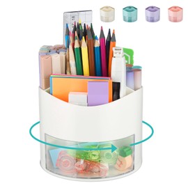 Pencil Holder Pen Holder 4 Slots 360-Degree Rotating Pencil Pen Organizers with Drawer Desktop Storage Stationary Supplies Organizer Pen Cup Pot for Desktop Accessories Office Classroom White
