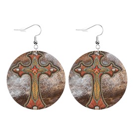 Swono Cowhide Cross Round Faux Leather Earrings for Women Native American Patterns Western Decor Lightweight Double-Side Printed Drop Dangle Earring for Birthday Party Gift