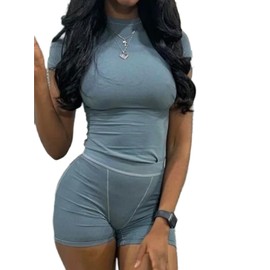 AYWA Two Piece Outfits for Women Fitted Crew Neck T-shirt High Waist Leggings Biker Shorts Matching Sets Streetwear, Blue Grey-shorts, L
