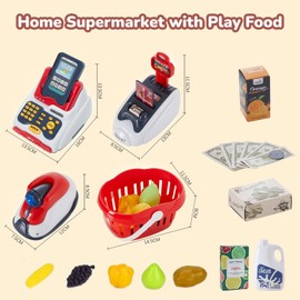 Qivange Toy Till Cash Register with Scanner Childs Cash Register with Scanner and Music Role Play Supermarket Kids Toys With Play Food, Fruit Basket, Milk, Money, Credit Card, Banknotes Birthday Gifts