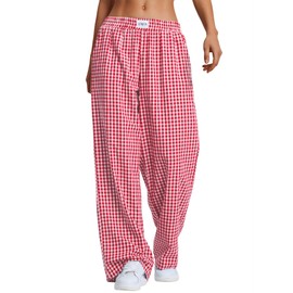 LOMON Women's Gingham Plaid Wide Leg Pants Cotton Boxers Pajama Lounge Pj Casual Trousers Y2K Beach Bottoms with Pockets (Red White Plaid, XXL)