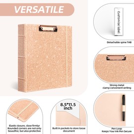 Ospelelf 3 Ring Binder with Clipboard 2 Inch Leather Binder for Letter Size (8.5" x 11"), Clipboard Binder Dividers with 5 Tabs, Rose Gold