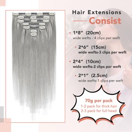 WindTouch Hair Extensions for Women Real Human Hair, 15 Inch 70g 7pcs Gray Clip in Hair Extensions, Soft Natural Straight Remy Human Hair Clip in Extensions for Women Grey