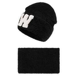 4sold Faux Fur Beanie Hat and Scarf for Women Fleece Line Ski Skull Hat Slouchy Winter Hats for Men and Women, black