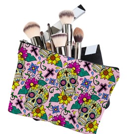 iapodiad - Bolsa de maquillaje multicolor con mariposas personalizadas con cierre, impermeable, bonita bolsa de maquillaje, ideal para regalo para mujer, Calaveras de azúcar amarillas, Una talla