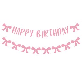 Pink Bow Happy Birthday Banner, Pre-Strung Premium Paper Cute Bow Garland Banner Pink Bow Banner Party Decorations for Birthday Celebration Parties