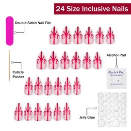 Christmas Press on Nails Medium Almond SWEKKE Nude Fake Nails False Nails with Designs Red Bow Full Cover Glossy Glue on Nails Stick on Nails Acrylic Nails for Women Girls 24 Pcs