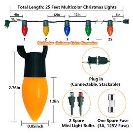 C9 LED Multicolor Christmas Lights, 25Ft Vintage Christmas String Lights 25 LED Colorful Bulb Lights, Plug in Christmas Lights Indoor for Christmas Tree, Patio, Garden, Yard, Party, Christmas Decor