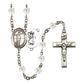 St. Christopher/Volleyball Silver-Plated Rosary 6mm April Crystal Fire Polished Beads Crucifix Size 1 3/8 x 3/4 medal charm