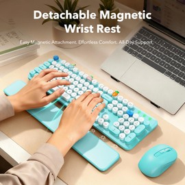Wireless Keyboard and Mouse Combo, Full-Size Retro Typewriter Keyboard with Detachable Wrist Rest, Round Keycaps, Sleep Mode & Tilt Legs, 2.4GHz Cordless Connection for Windows/PC (Robin Egg Blue)