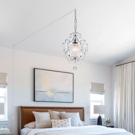 FLSFU Plug in Crystal Chandelier,14.7 Ft Hanging Lights with Clear Cord & On/Off Switch,Plug in Ceiling Light Small Chandeliers for Bedroom Dining Room Entryway Living Room