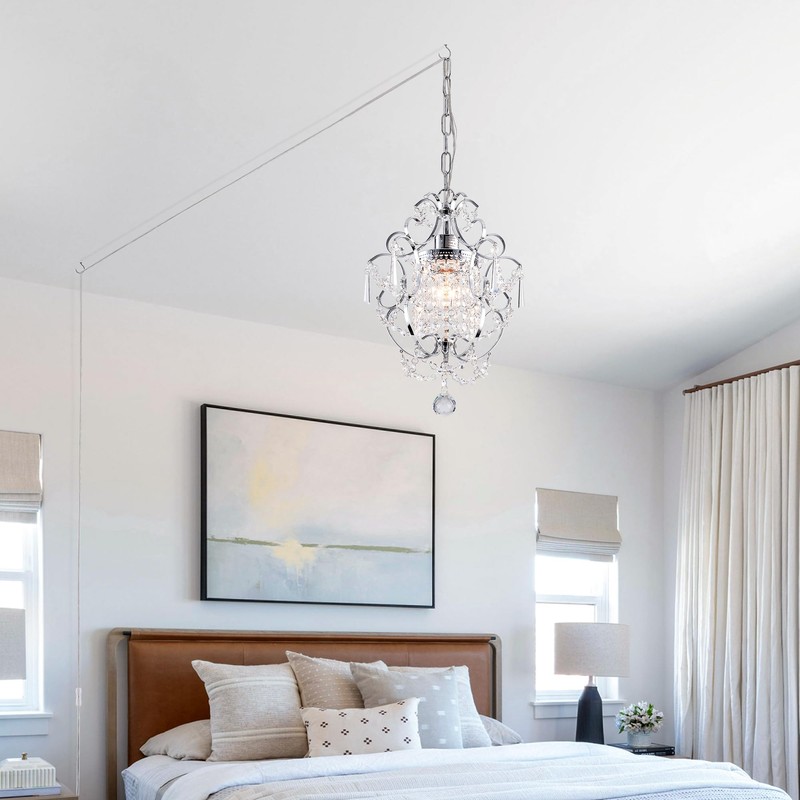 FLSFU Plug in Crystal Chandelier,14.7 Ft Hanging Lights with Clear