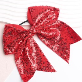 2PCS Christmas Sequin Hair Scrunchie Hair Bow Ties Red Glitter Hair Elastic Ponytail Cheer Hair Bows (Red, One size)