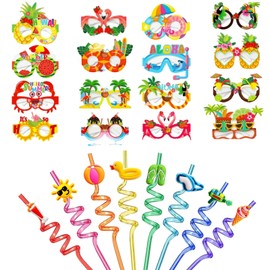 HAPNEWEY 32-Pack Summer Straws & Luau Sunglasses Set | Reusable & Paper Hawaiian Party Supplies | Beach Pool Party Decor for Birthday BBQ