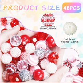 48 Pcs 20mm Beads for Pens Rhinestone Bubblegum Beads Red Crystal Acrylic Round Chunky Beads Sparkly Craft Large Balls Beads for Pen Beadable Keychain Bracelet Necklace DIY Jewelry Making Supplies