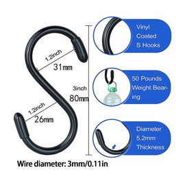 NIhtian 12 Pack 3.5 Inch Heavy Duty with Safety Buckle, Black Stainless Steel S Hooks for Hanging Kitchen Utensils, Strong and Reliable S Shape Hooks for Organizing